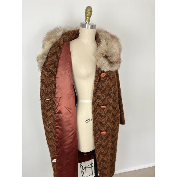 True Vintage Rare 60s 70s Penny Lane Coat Jacket Large Fur Collar Boho Knit - Picture 9 of 16